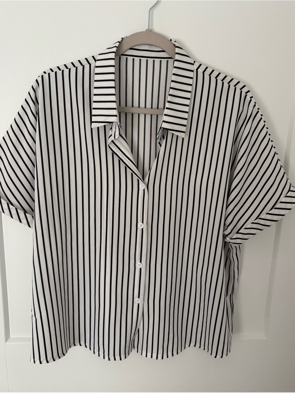 Amazon Women's Black & White Vertical Stripe Button-Down Shirt